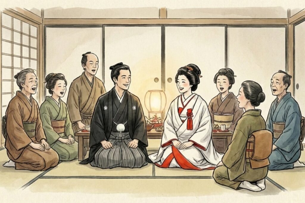江戸時代の庶民が結婚式や祝いの席で君が代(祝い歌)を合唱している様子