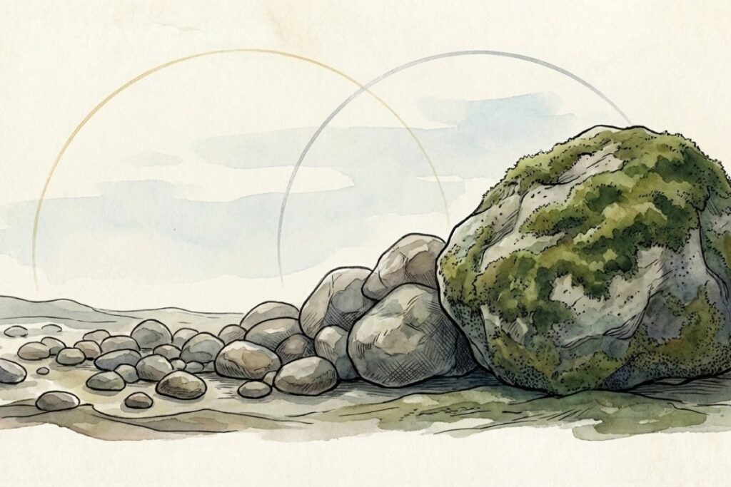 さざれ石が長い年月をかけて巌となり苔が生すまでの過程を描いたイラスト