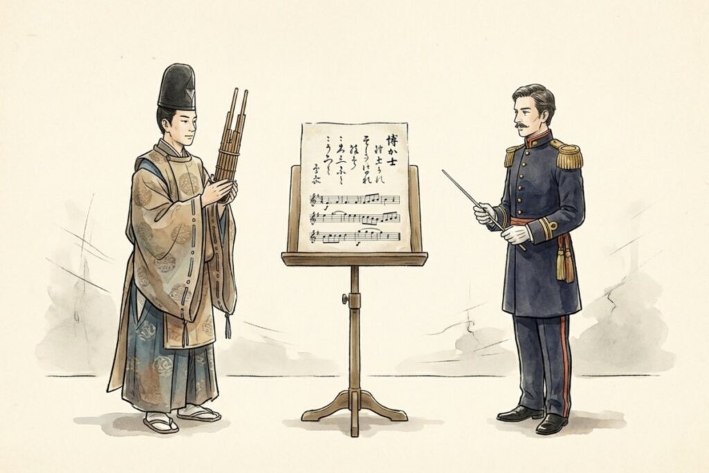 君が代の作曲に関わった日本の雅楽奏者(林広守ら)と西洋の軍楽隊長(フェントン・エッケルト)の対比