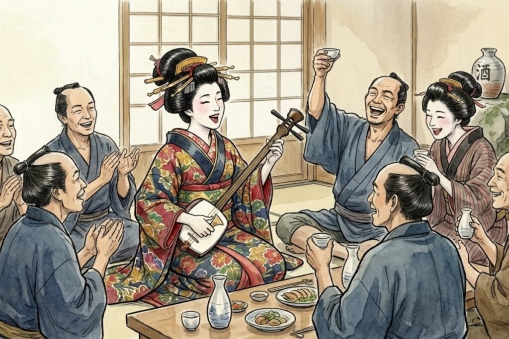 江戸時代の庶民文化 宴会で三味線とともに歌われる君が代の様子