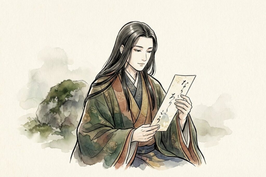 平安時代の古今和歌集に収録された「わが君は」の和歌を読む貴族のイラスト