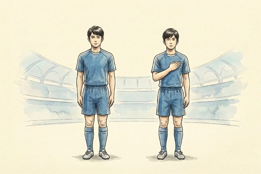 スポーツの国際試合における国歌斉唱のマナー。直立不動の姿勢とハンド・オン・ハート(胸に手を当てる)のポーズ比較