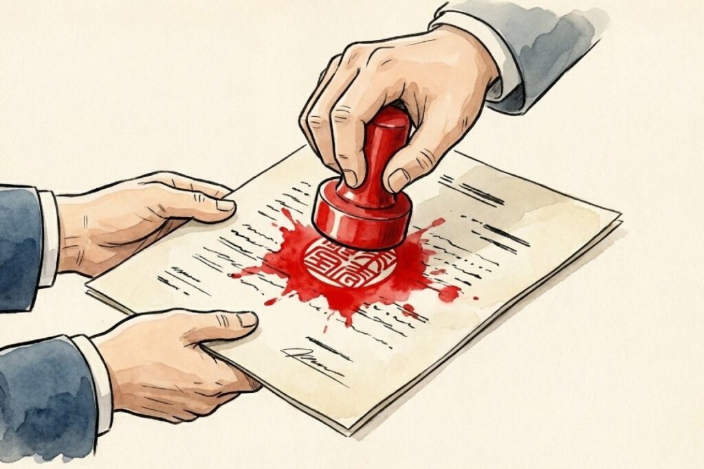 「国」と書かれた印鑑が書類に強く押される様子。行政による通達と職務命令の厳格化を象徴するイラスト