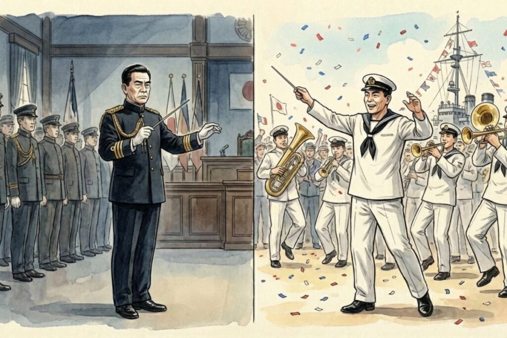 荘厳な君が代行進曲と賑やかな軍艦マーチ（軍艦行進曲）の性格の違いを比較したイラスト