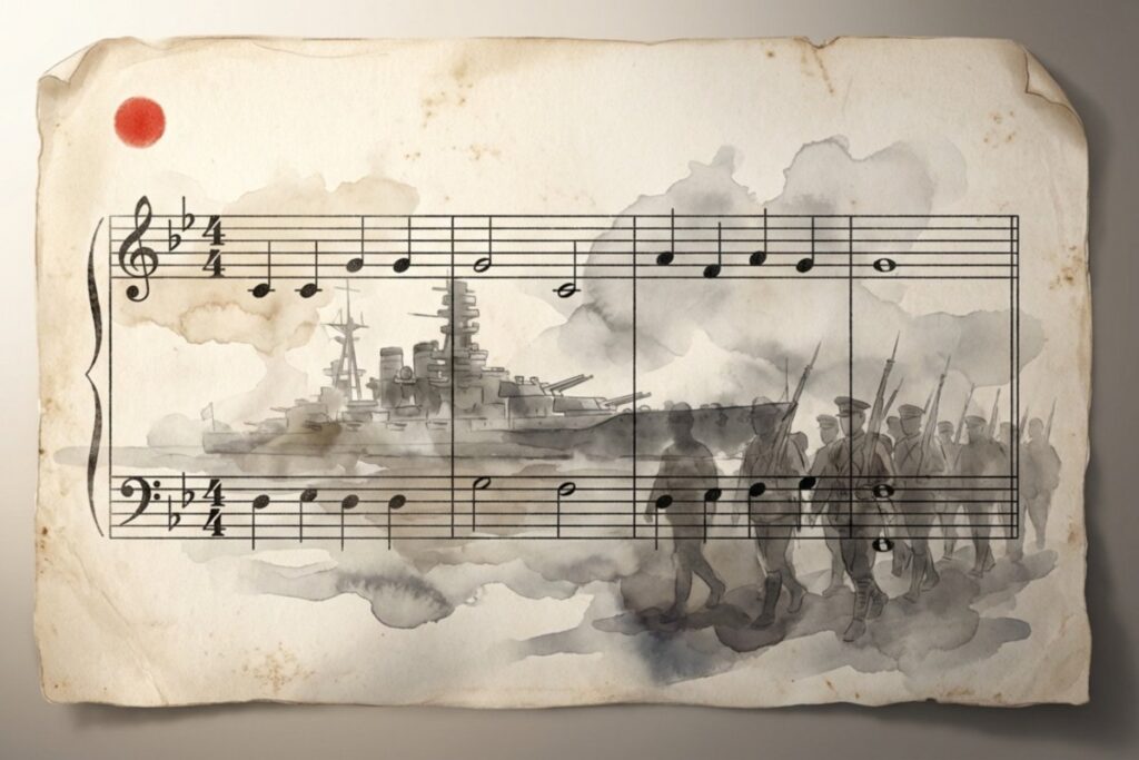 君が代の楽譜と戦前の軍国主義・戦争を想起させる軍艦や行進のイメージ