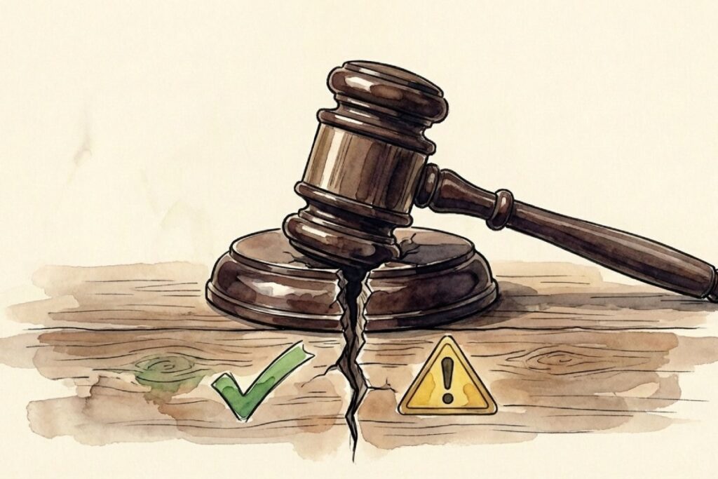 司法の木槌(ガベル)が振り下ろされ、その下にチェックマークと注意マークが並ぶ、司法判断のバランスを示唆するイラスト