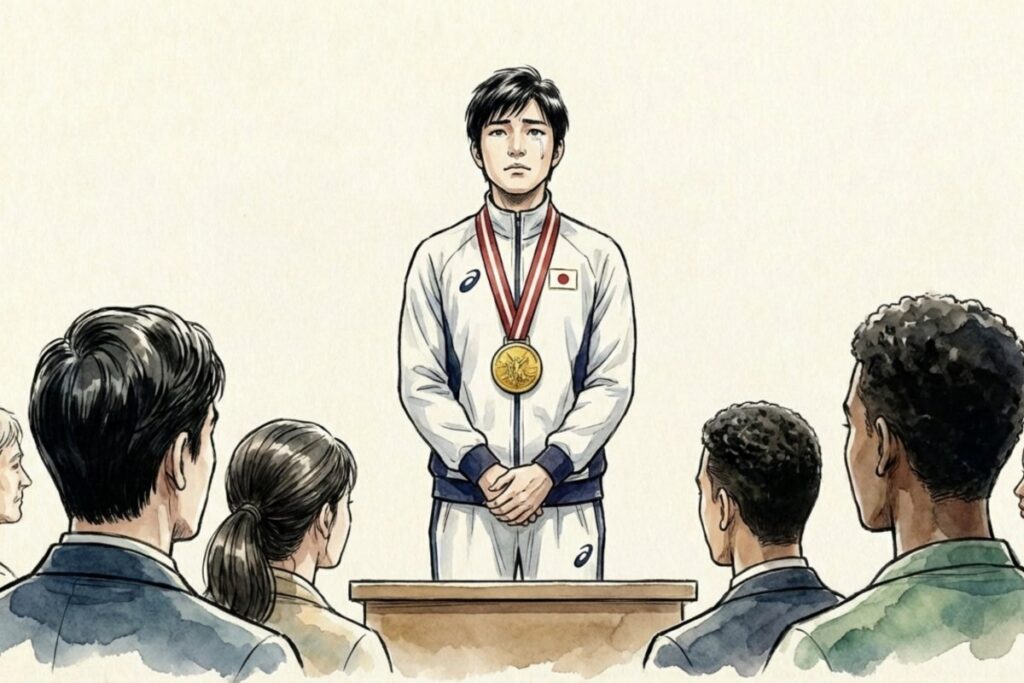 国際スポーツ大会の表彰台で日本の国歌「君が代」を斉唱し涙する選手