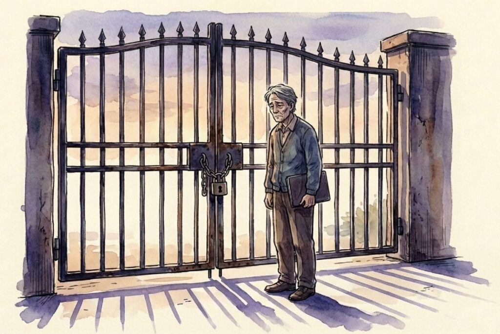閉ざされた鉄の門の前に立ち、鞄を持って呆然と立ち尽くす白髪の男性(定年後の再雇用拒否のイメージ)