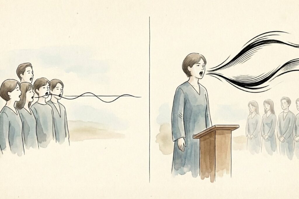 国歌独唱と斉唱の違い。代表者が一人で歌う独唱(ソロ)と、会場全員で歌う斉唱の対比イラスト