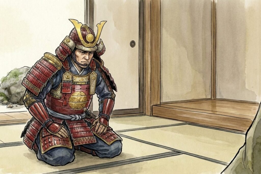 中世武家社会での君が代 鎧を着て祈りを捧げる武士のイラスト