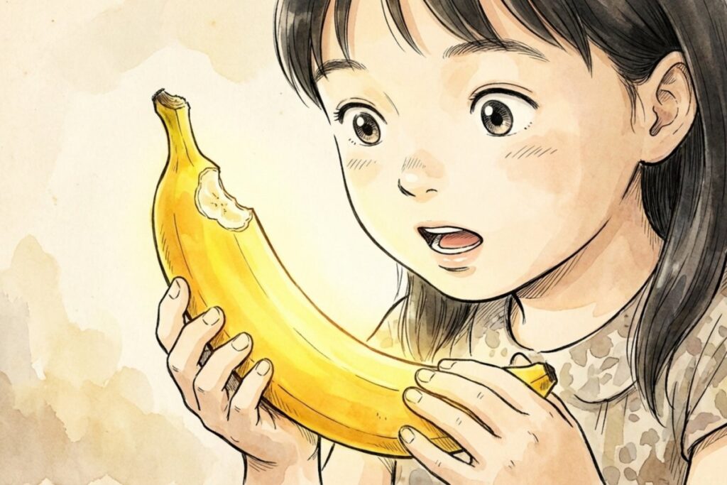 口を開けた少女がバナナを両手で見つめるアップのイラスト。バナナの絵で呪いを回避すると語られる方法を、道具としてのバナナに焦点を当てて説明しやすい。
