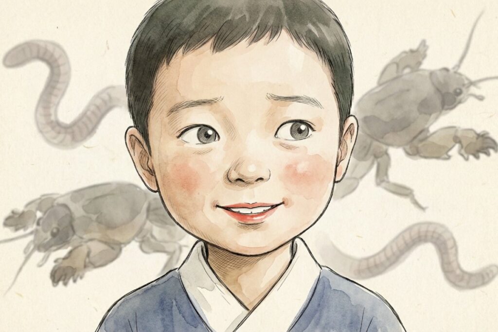 戸惑う表情の子どもの顔を中心に、背後へミミズやオケラの影が重なるイラスト。生き物のリアルな描写が多いことで「歌詞が怖い」と感じる心理を、視覚的に整理できる構成。