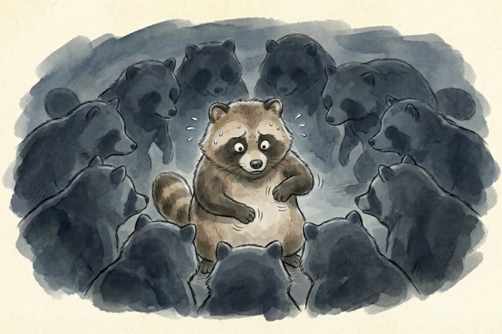 輪を作った黒い影に囲まれ、汗をかく狸が不安げに腹を押さえて立っている。負けるなという歌詞の強制感や同調圧力の怖さを補う。