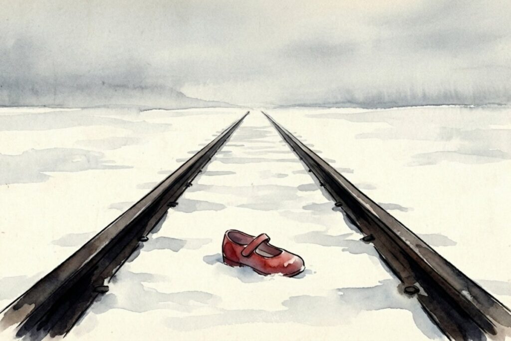 雪原の中を伸びる線路の中央に、赤い靴が一つ落ちている場面。北海道の踏切事故説など具体的な事故の噂を扱う段落に合わせ、物語化の危うさを思い起こさせる。