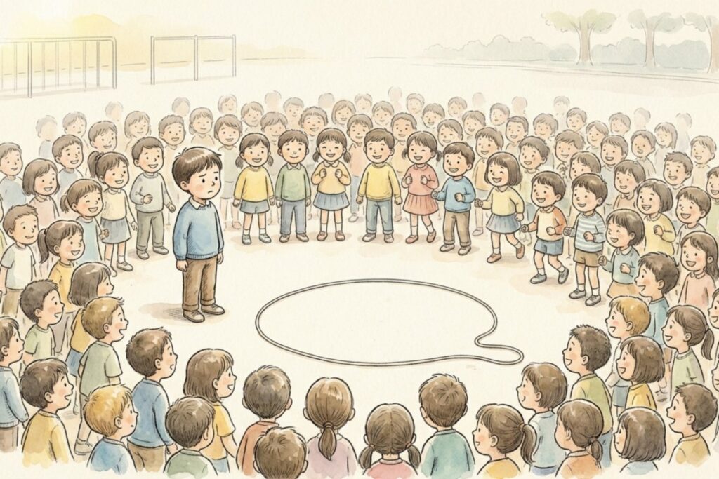 校庭で大勢の子どもが輪になり、中央に立つ一人の子を取り囲み、足元に吹き出しが描かれた場面。奥に遊具や木立が見え、友達100人の人数計算と1人足りない矛盾をめぐる疑問が残る様子。