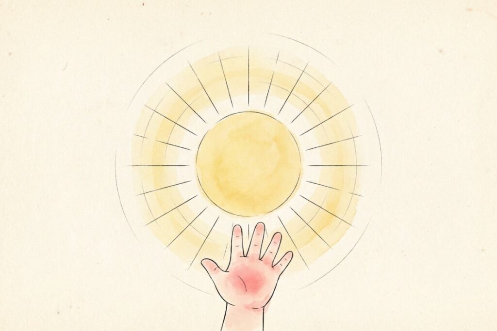 淡い背景に太陽が描かれ、下から伸びる手のひらが赤く染まる水彩イラスト。血潮や生命力を連想させつつ、怖い感情を超えて「生きている」ことの肯定へ戻る読み方を象徴する一枚。