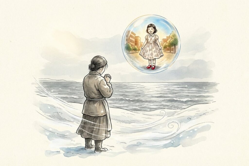 波打ち際で祈る母親の前に、赤い靴の少女が街並みに立つ幻影が浮かぶ絵。帰って来（こ）と願う幻の5番や、遠い場所を想像する切なさが伝わる場面