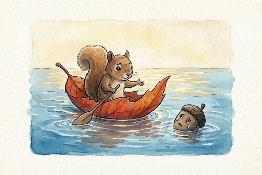 落ち葉の舟をこぐリスが、涙ぐむどんぐりに手を伸ばす水上の場面。リスが登場する結末として、お山へ連れ帰る救助の流れを描いたイラスト。