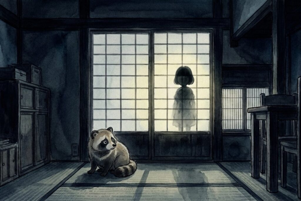 薄暗い和室でタヌキが座り、障子の向こうに人影のような影が立つ場面のイラスト。歌詞のはなこさんをトイレの花子さんと結びつける怖い考察が生まれる感覚を表現する構図。