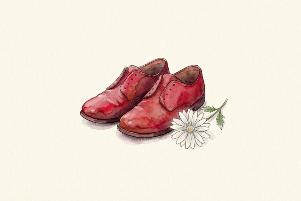 使い込まれた赤い靴の横に白い花が添えられ、余白の多い静かなイラスト。怖いだけでなく切ないという受け止め方や、鎮魂歌として聴く視点を支える一枚