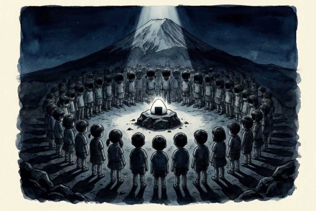 暗い富士山を背に、子どもたちが円陣を組み中央の岩に置かれたおにぎりを囲む夜の絵。歌詞が怖いと言われる都市伝説として、人数の矛盾と不気味な解釈が広がる状況を表現する構図。