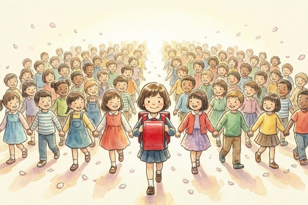 桜の花びらが舞う光の中、赤いランドセルの子どもを先頭に多様な子どもたちが手をつないで歩く絵。都市伝説を楽しみつつ、歌詞の矛盾と希望の読み方を整理する締めくくりの場面。
