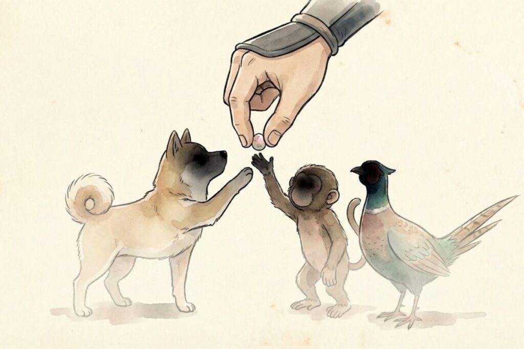 桃太郎の歌詞に出るきび団子を指先で差し出し、犬・猿・雉が手を伸ばす場面