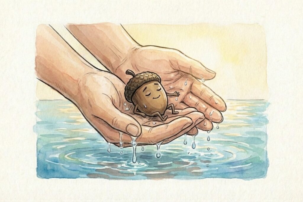 水面からすくい上げた手のひらに、濡れたどんぐりが座って息をつく場面。幻の3番で語られる救出とハッピーエンドを、帰還へ向かう途中として表現する構図。