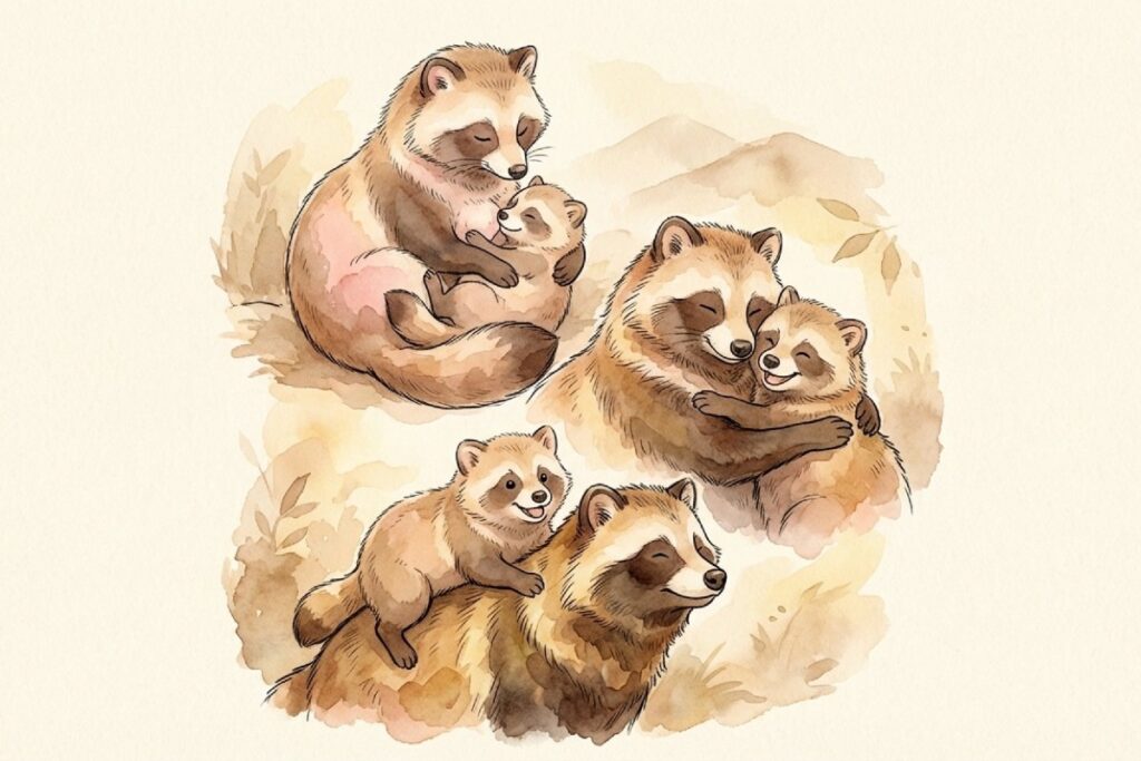 親子のタヌキが抱き合ったり寄り添ったりする姿を複数描いた、やわらかな色合いのイラスト。歌詞が怖いという誤解をほどき、母性や親子のスキンシップとして読み直す文脈で伝わる情景。