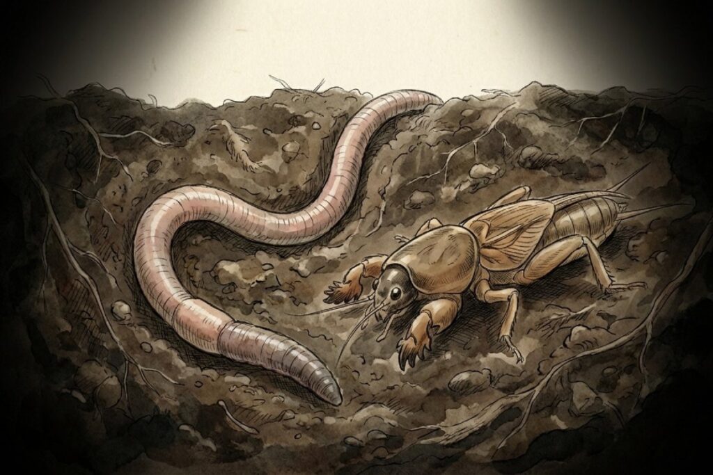 土の中の断面にミミズとオケラが並び、暗い縁取りで囲まれたイラスト。昆虫や土壌生物が「友だち」と歌われる場面を連想させ、生理的に不気味と感じる理由を具体化する一枚。