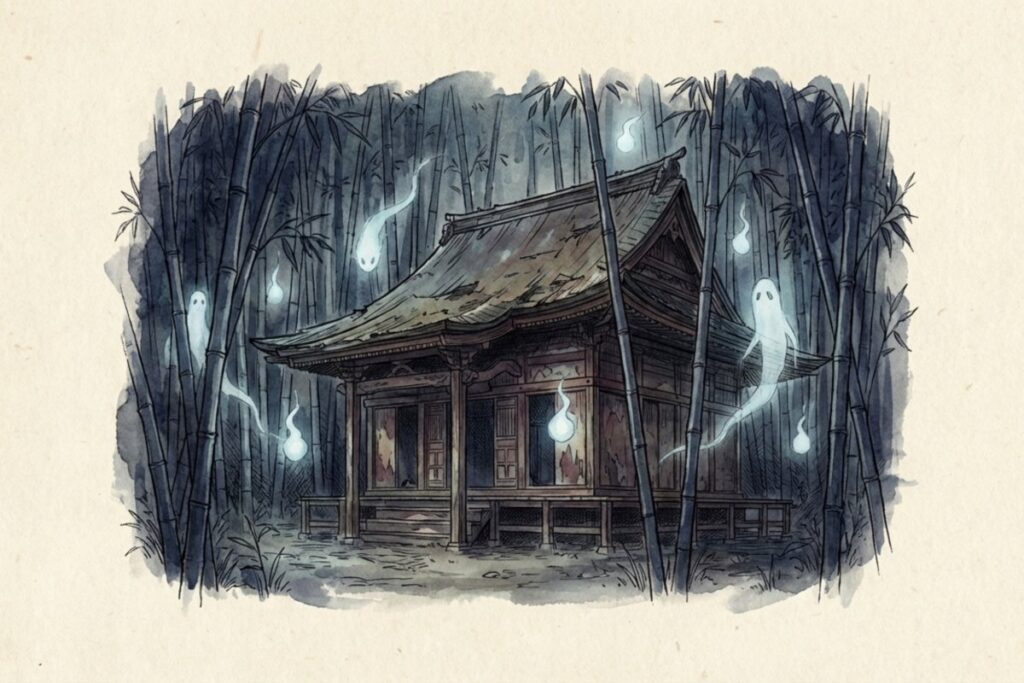 竹林に囲まれた古い寺の建物に、青白い火の玉や幽霊のような影が漂う夜景。現地に残る証城寺周辺の不気味な伝承や雰囲気を伝えられる。