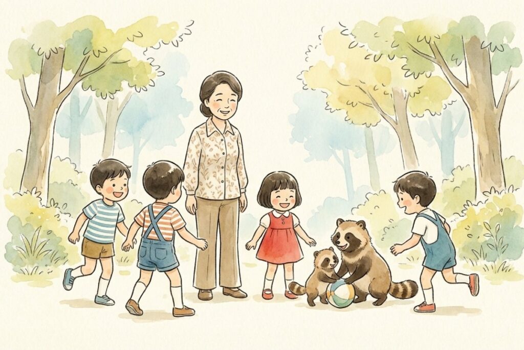 森の小道で子どもたちが輪になり、大人とタヌキ親子が遊びに混ざる明るいイラスト。手遊びのじゃんけんが歌詞と結びつき、勝敗や動きの解釈で怖さが語られる点にもつながるひとこま。