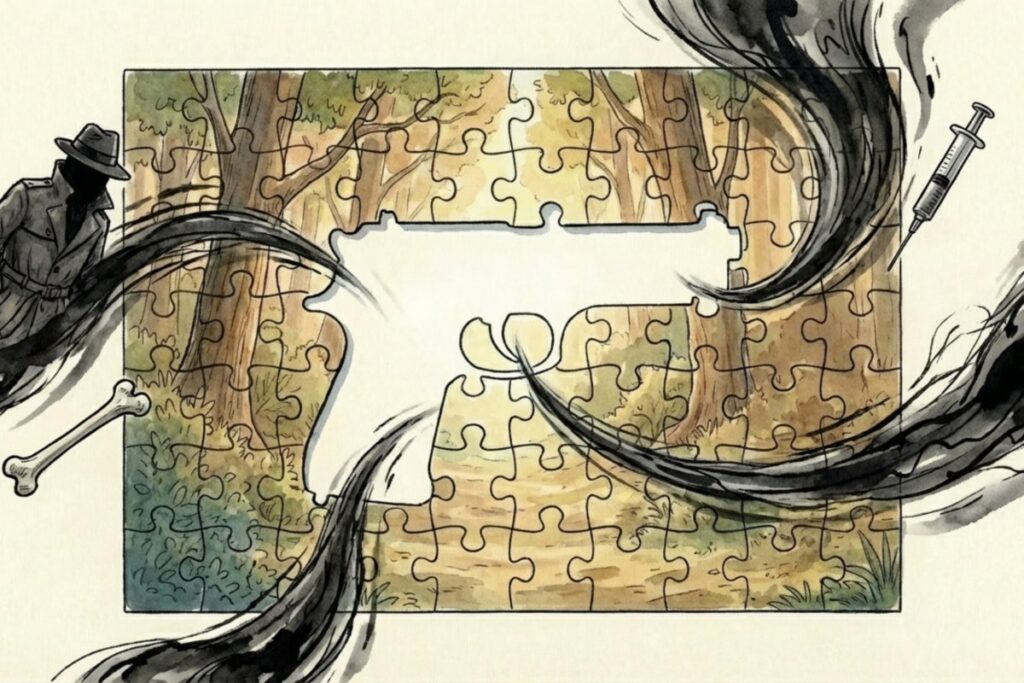 森の風景を背景にしたジグソーパズルの中央が欠け、黒い煙が渦巻く構図。歌詞の矛盾から生まれる怖さの正体と、都市伝説の解釈が組み合わさるイメージ