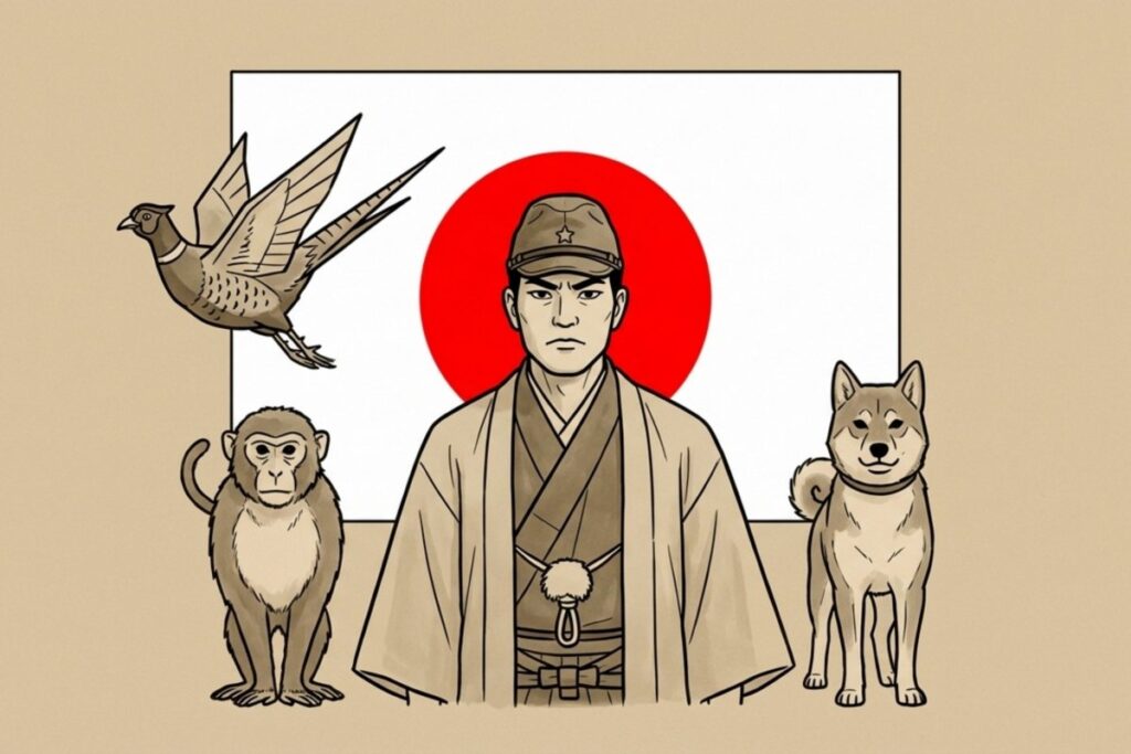 戦争で利用された歌詞の文脈として、日本の国旗の前に軍帽の人物と犬・猿・雉が並ぶ絵