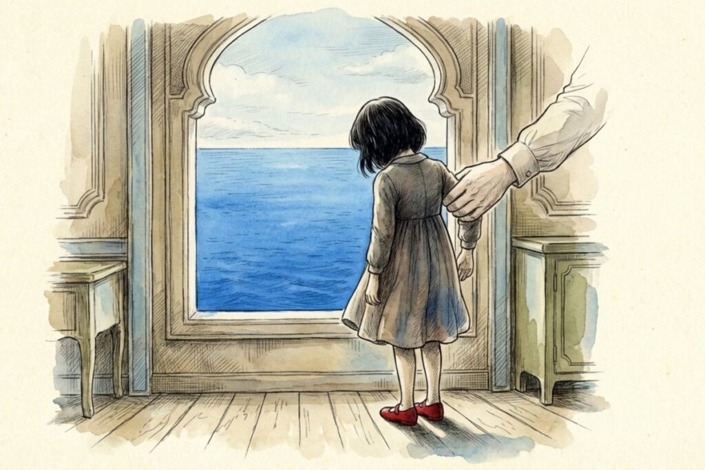 海を見つめる少女の腕を大人の手がつかみ、出口の向こうに青い海が広がる絵。異人さんに連れられて行っちゃったという受け身表現の怖さと別れの気配が残る