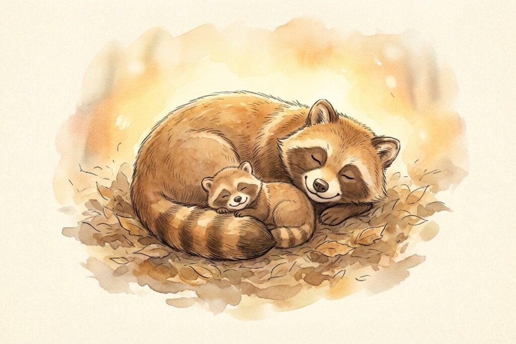 落ち葉の上で親タヌキが丸まり、子ダヌキを抱えるようにして眠る温かな水彩イラスト。歌詞の「おっぱいのんで」「ねんねして」に重なる母性の表現として読み解く視点を補う場面。