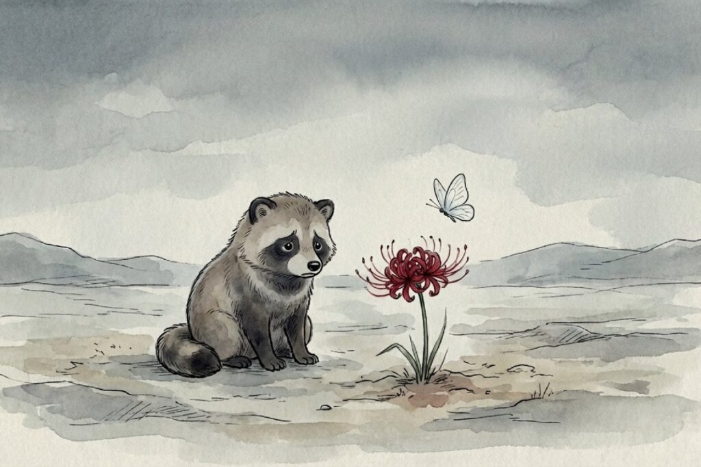 灰色の荒野に座るタヌキの前で、真っ赤な花が咲き白い蝶が舞う水彩イラスト。遠景の山並みが静けさを強め、2番の歌詞の白い蝶や赤い花を死の暗示と読む解釈にも触れられる。