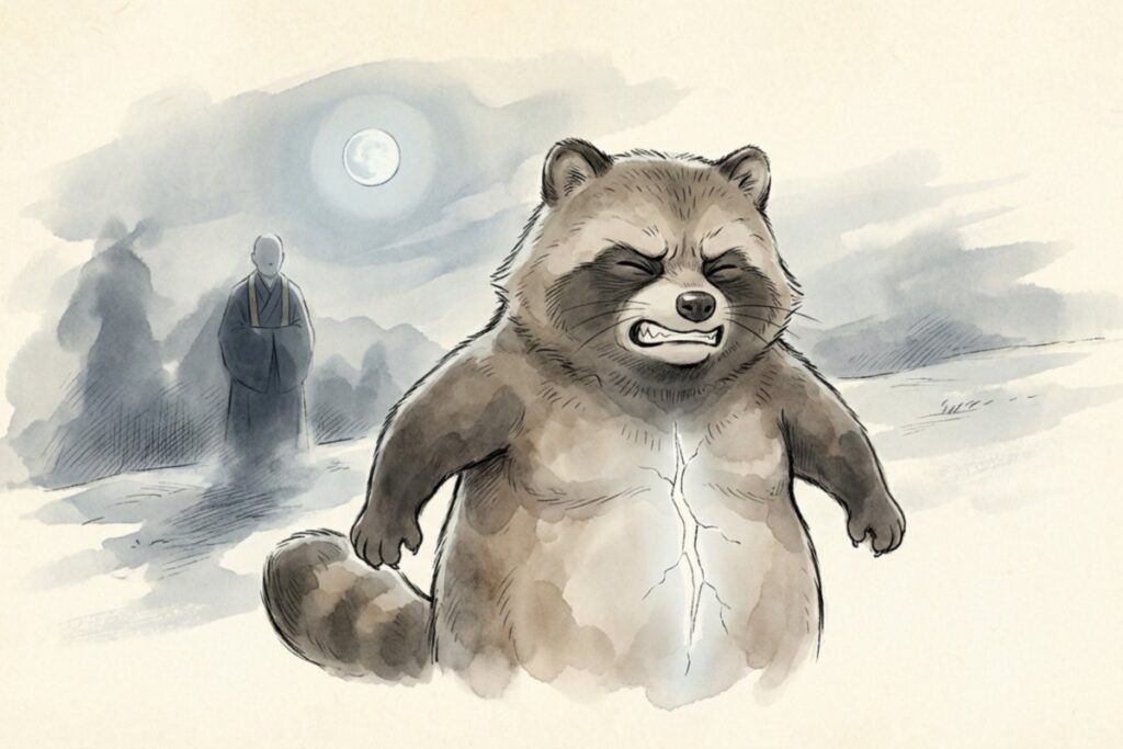 険しい表情の狸が腹に亀裂のような線を抱え、背後に僧侶の影が立つ構図。歌詞が怖いと言われる理由や腹鼓合戦の不穏さを想起させる。