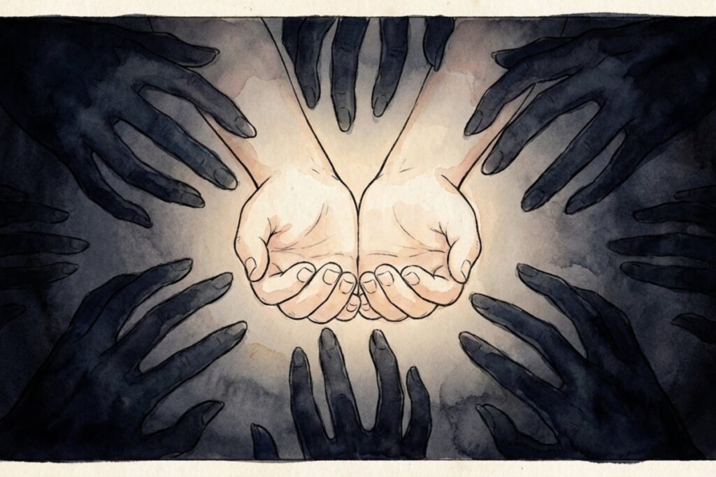 両手を差し出す明るい手の周りを、影の手が取り囲む構図のイラスト。都市伝説が広まり不安が増幅する流れを、怖い噂の全貌として連想しやすい。