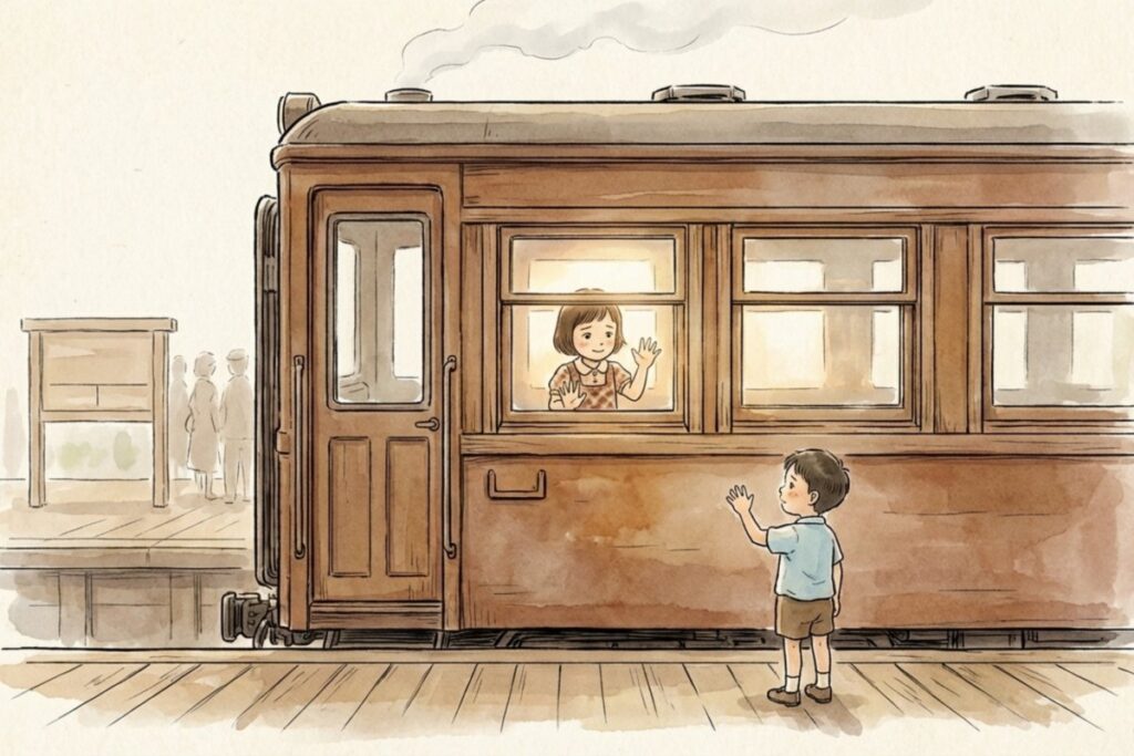 駅のホームで少年が手を振り、車窓の少女も笑顔で応えるレトロな場面。実話のモデルや「遠くへ行っちゃう」の意味を、引っ越しの別れとして理解する手がかりになる。
