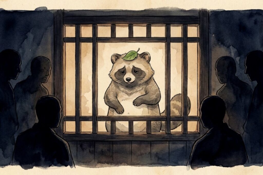 格子の奥で小さな狸がうつむき、周囲に人影のシルエットが並ぶ暗い場面。人身売買説など搾取の都市伝説として語られる解釈に触れる導線になる。