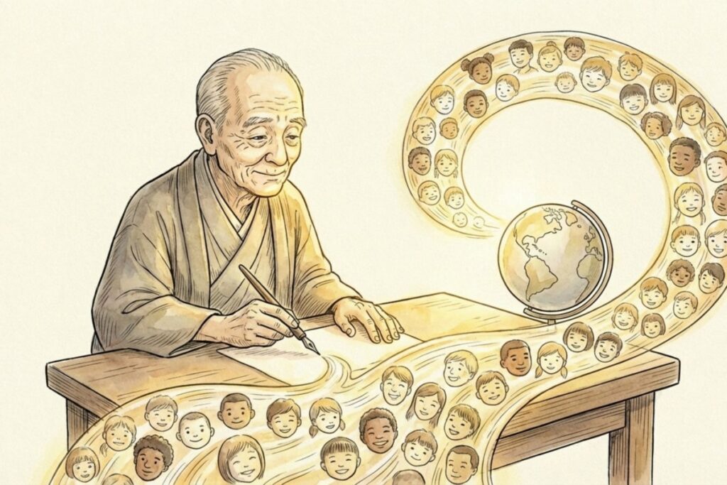 机で筆を走らせる和服姿の高齢の詩人と、流れる帯に並ぶ多様な人々の顔、右上に地球儀が描かれた絵。まど・みちおの視点や『100人』を象徴表現として読む解釈が伝わる構成。