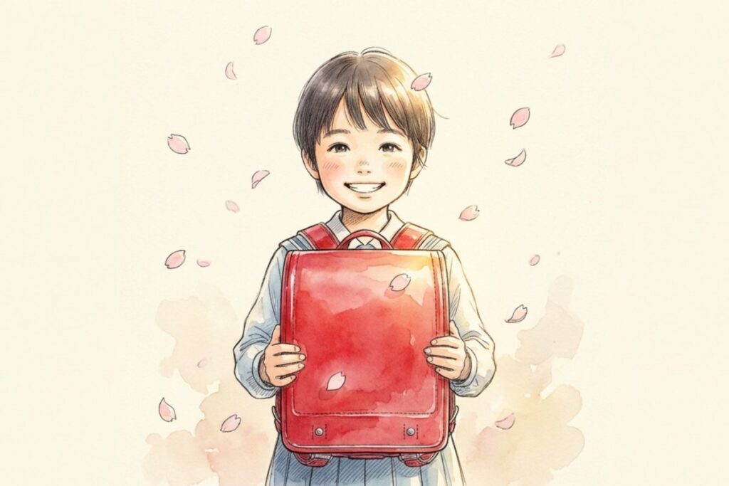 淡い春色の背景で、赤いランドセルを抱えた子どもが正面を向いて微笑み、桜の花びらが周囲に散るイラスト。歌詞の怖い説を検証し、作者の意図や現実的な視点に目を向けるという主題を補う。