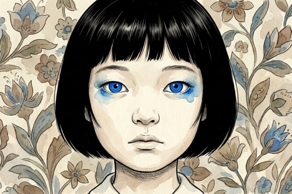 正面を見つめる少女の顔に青い瞳と涙の跡が強調されたクローズアップ。「青い目になっちゃって」という歌詞が生む同化や変身の不気味さを補う構成