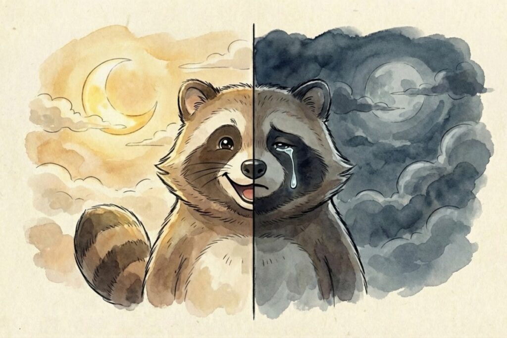 昼の空と暗い夜空を左右に分け、笑顔と涙の狸の顔が中央に描かれた対比図。腹破裂の伝説に結びつく、陽気さと結末の落差を表現する。