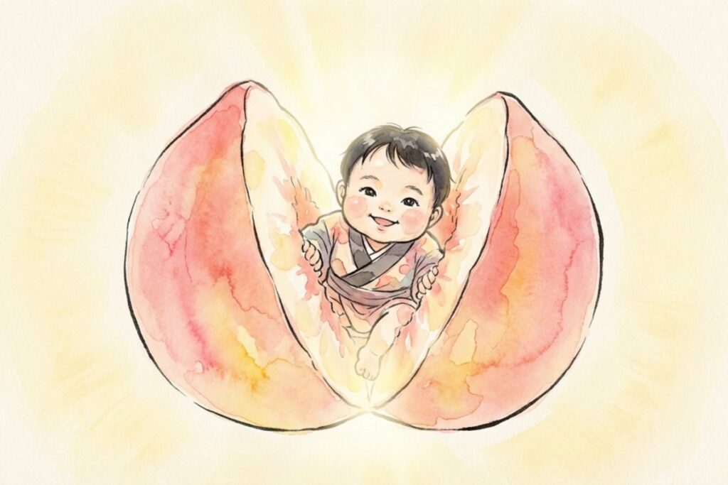 桃太郎の物語として、割れた桃から着物の赤ん坊が身を乗り出す水彩風イラスト