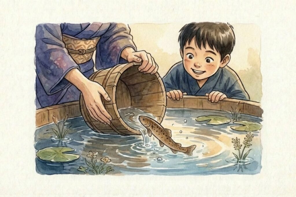 着物姿の大人が桶から池へ魚を放し、子どもが身を乗り出して見守る場面。どじょうは母の愛だった実話として、用意された遊び相手という背景が伝わる一枚。