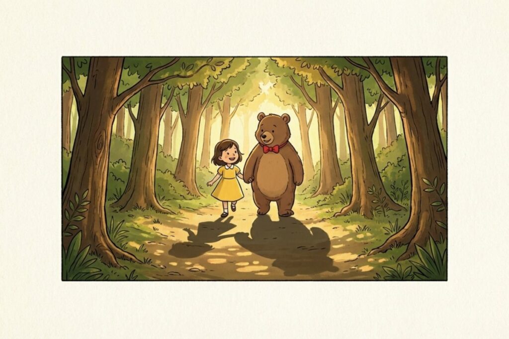 木漏れ日の森を少女と熊が並んで歩き、長い影が道に伸びる場面。追いかけられた後に歌い踊る結末や、お礼に歌う行為の意味を考える流れと相性がよい