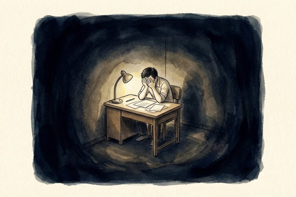 暗い部屋で机に向かい、頭を抱える人物を小さく描いた水彩イラスト。明るい曲調の中で「生きているから かなしいんだ」と歌う言葉の重さが、違和感や怖さにつながる場面。