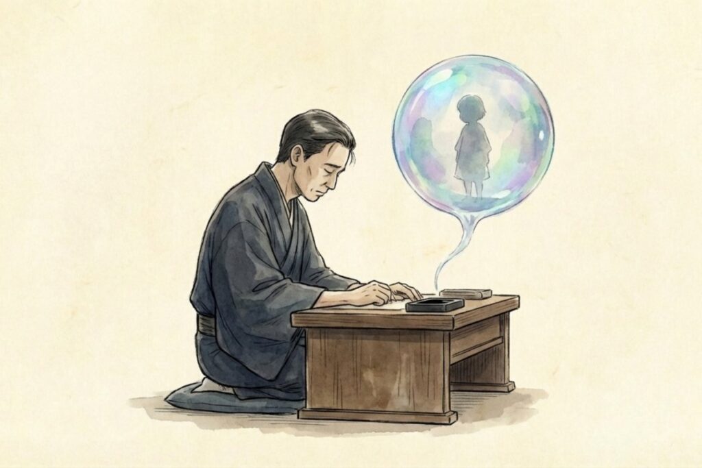 机に向かう男性が筆を走らせ、横に子どもの影が浮かぶしゃぼん玉が漂う。野口雨情の死生観や『シャボン玉』との関連を連想させる絵柄。